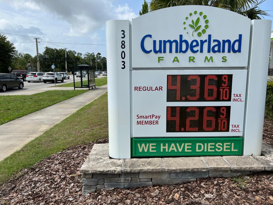 A fuel price sign at the Cumberland Farms gas station at 3803 S. Clyde Morris Blvd. in Port Orange shows that its non-member price for regular gasoline was $4.36 a gallon on Sunday, May 22, 2022. The average price for gas in the Daytona Beach area as of Monday, May 23, was $4.45 a gallon, down nearly a nickel from the record high set a week ago.