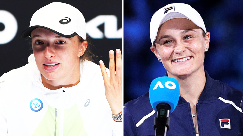 Iga Swiatek (pictured left) during an Australian Open press conference and (pictured right) Ash Barty holding a trophy.