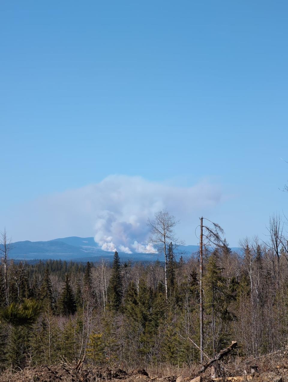 The out-of-control Burgess Creek Wildfire burns on April 20, 2024 about 50 kilometres south of Quesnel, B.C. It is one of seven human-caused wildfires reported in the Cariboo region in a single afternoon, according to B.C. Wildfire Service.