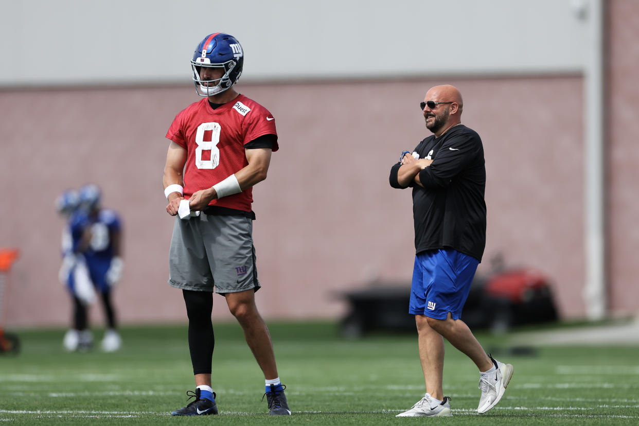 EAST RUTHERFORD, NEW JERSEY - JUNE 06: (L-R) Daniel Jones #8 and head coach Brian Daboll of the New York Giants during New York Giants OTA Offseason Workouts at NY Giants Quest Diagnostics Training Center on June 06, 2024 in East Rutherford, New Jersey.  (Photo by Luke Hales/Getty Images)