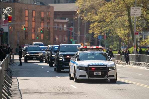 NEW YORK, NEW YORK - APRIL 15: Former President Donald Trump's motorcade arrives at Manhattan Criminal Court on April 15, 2024 in New York City. Jury selection is set to begin in the former president's criminal trial. Trump faces 34 felony counts of falsifying business records in the first of his criminal cases to go to trial. This is the first-ever criminal trial of a former president of the United States. (Photo by David Dee Delgado/Getty Images)