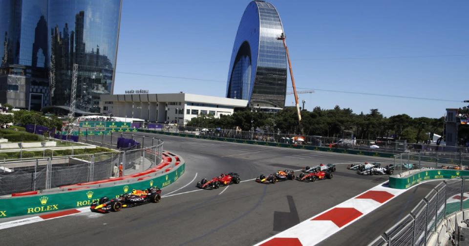 Red Bull's Sergio Perez leads on Lap 1 of the Azerbaijan Grand Prix. Results Credit: PA Images