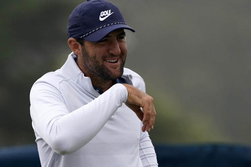 Scottie Scheffler smiles on the 17th hole during the third round of the PGA Championship golf tournament at TPC Harding Park Saturday, Aug. 8, 2020, in San Francisco. (AP Photo/Charlie Riedel)