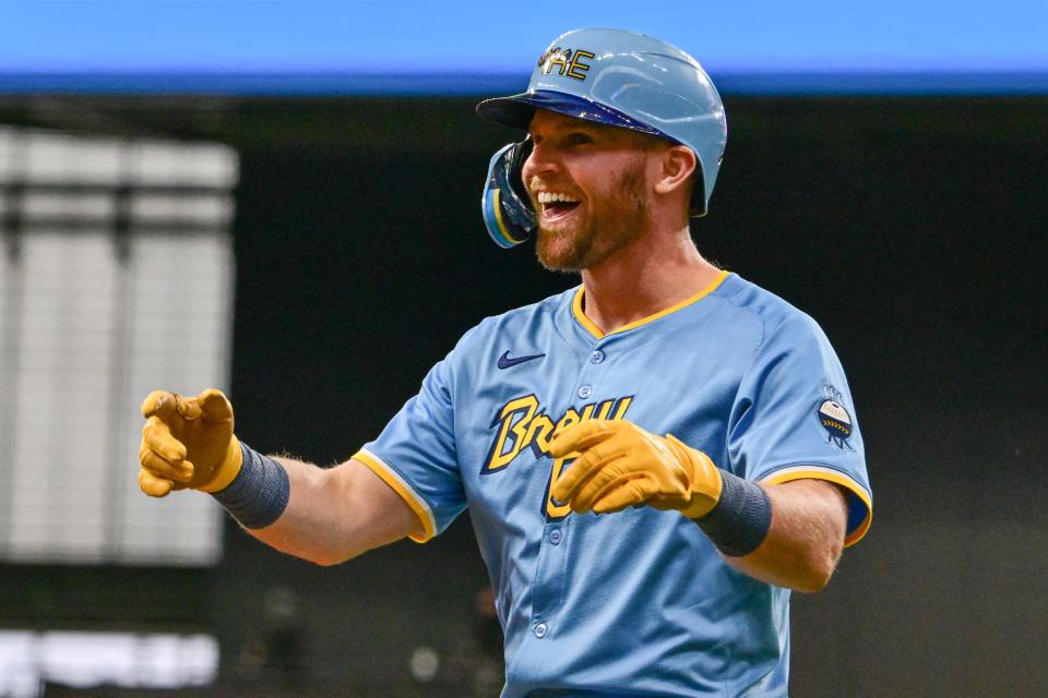 Sep 22, 2024; Milwaukee, Wisconsin, USA; Milwaukee Brewers designated hitter Jake Bauers (9) reacts after driving in the go-ahead run in the eighth inning against the Arizona Diamondbacks at American Family Field. Mandatory Credit: Benny Sieu-Imagn Images