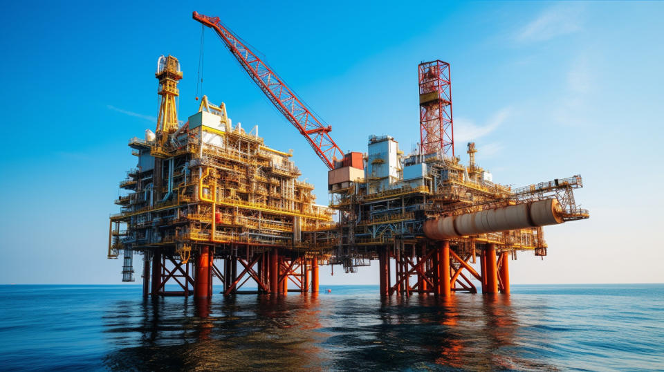 A closeup of an offshore oil rig in the international oil and gas industry in the Gulf of Mexico.