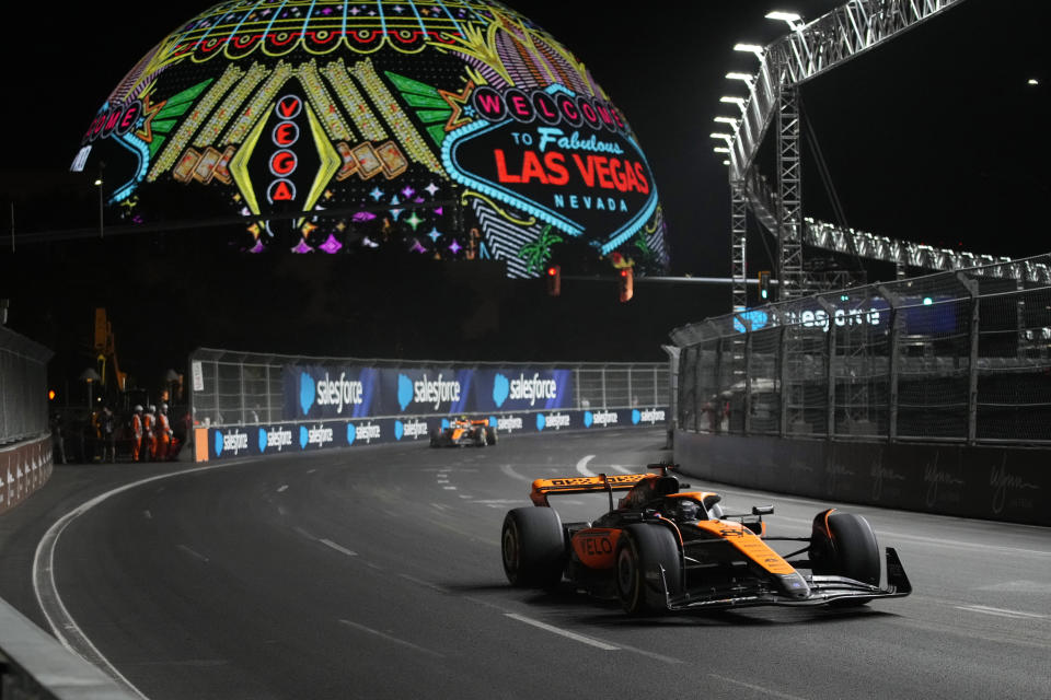 McLaren driver Oscar Piastri, of Australia, drives during the final practice session for the Formula One Las Vegas Grand Prix auto race, Friday, Nov. 17, 2023, in Las Vegas. (AP Photo/John Locher)