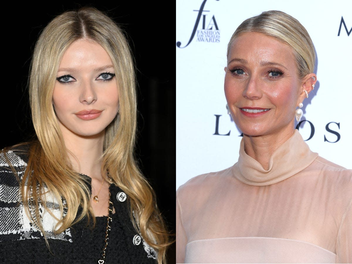 A side-by-side image of Apple Martin, in a black and white tweed blazer, and Gwyneth Paltrow, in a nude sheer turtleneck.
