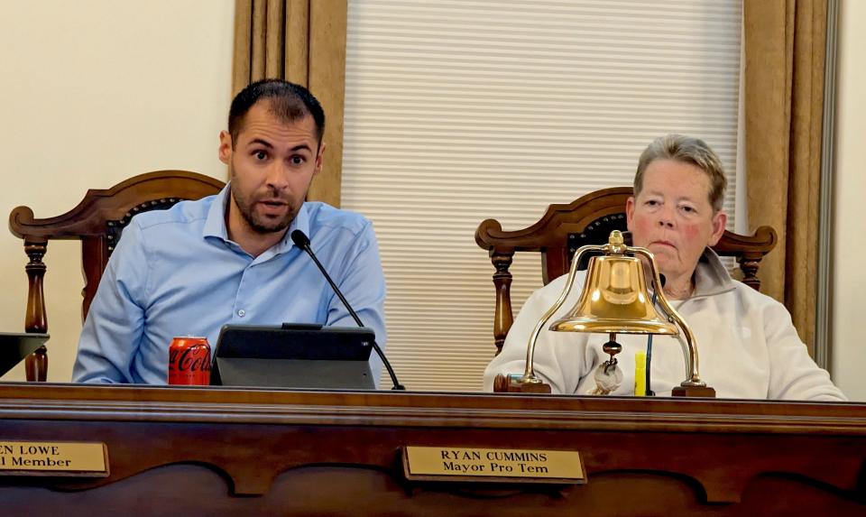 Grand Haven City Council Mayor Pro-Tem Ryan Cummins discusses an independent investigation on Sept. 18, 2023, as Mayor Catherine McNally looks on.