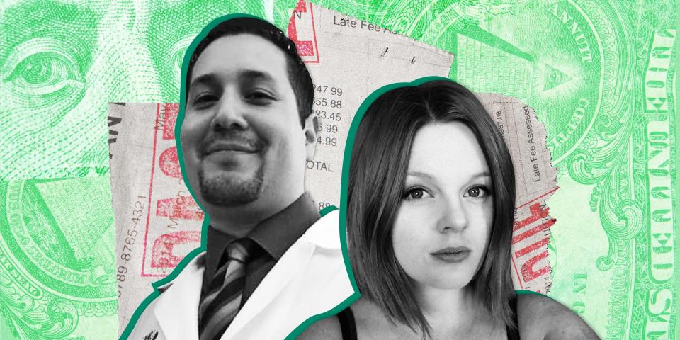 Headshots of a man and a woman in front of ripped pieces of student bills, against a green background made up of collaged close-ups of a 100 dollar bill