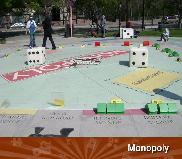 MONOPOLY -- While it’s generally played on a kitchen or coffee table, sometimes Monopoly just needs to be bigger. <a href="http://www.monopolyinthepark.com/" rel="nofollow noopener" target="_blank" data-ylk="slk:In San Jose;elm:context_link;itc:0;sec:content-canvas" class="link ">In San Jose</a>, fans can take part in a 930 square foot version, complete with jumbo dice, gigantic token shaped hats and, naturally, jail clothes. An extra large board carries an extra large price, though. Expect to pay between $300 and $700 for a game.
