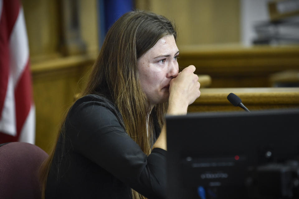 FILE - Lead plaintiff Rikki Held testifies during a hearing in the climate change lawsuit, Held vs. Montana, at the Lewis and Clark County Courthouse, June 12, 2023, in Helena, Mont. A Montana judge in August 2023 sided with young environmental activists who said state agencies were violating their constitutional right to a clean and healthful environment by permitting fossil fuel development without considering its effect on the climate. The state's effort to overturn the ruling is now before the Montana Supreme Court. (Thom Bridge/Independent Record via AP, File)