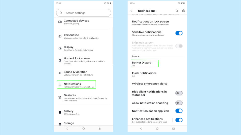 Settings and notification pages on Android phones