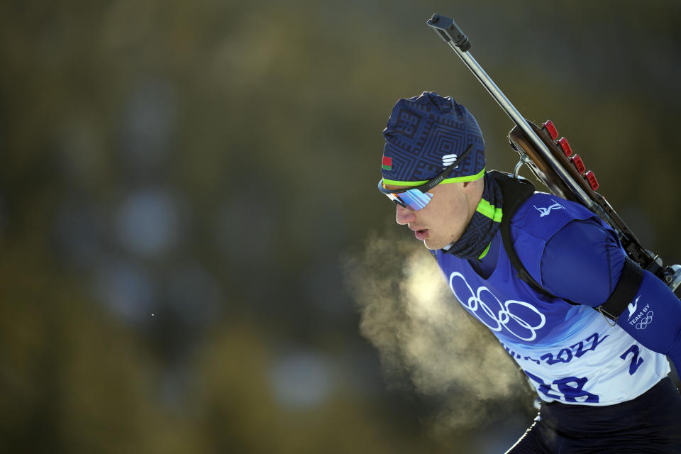 Anton Smolski of Belarus skis during the men's 20-kilometer individual race at the 2022 Winter Olympics, Tuesday, Feb. 8, 2022, in Zhangjiakou, China. (AP Photo/Frank Augstein)