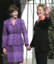 <p>First Lady Hillary Clinton waves as she greets future First Lady Laura Bush at the White House on December 18, 2020.</p>