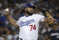 Los Angeles Dodgers' Kenley Jansen throws during the ninth inning of Game 4 of the National League Championship Series baseball game against the Milwaukee Brewers Tuesday, Oct. 16, 2018, in Los Angeles. (AP Photo/Jae Hong)