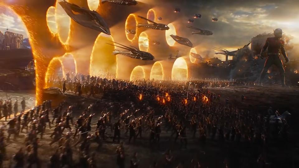 The Avengers' army gathering through portals in "Avengers: Endgame"