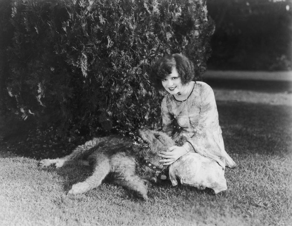 <p>Clara Bow was one of the top film stars in the '30s, as she was able to make the transition from silent films to "talkies." Here, the actress is seen playing with her beloved Airedale Terrier. </p>