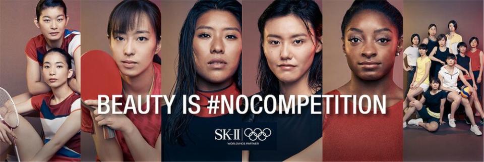 (L-R) athletes Ayaka Takahashi, Misaki Matsutomo, Ishikawa Kasumi, Mahina Maeda, LiuXiang and Simone Biles, and Japan volleyball team Hinotori Nippon | Courtesy of SK-II