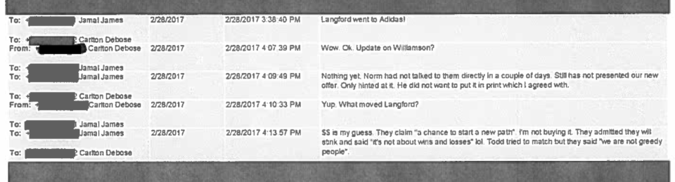 A text message exchange between Nike personnel discussing Romeo Langford and Zion Williamson. 