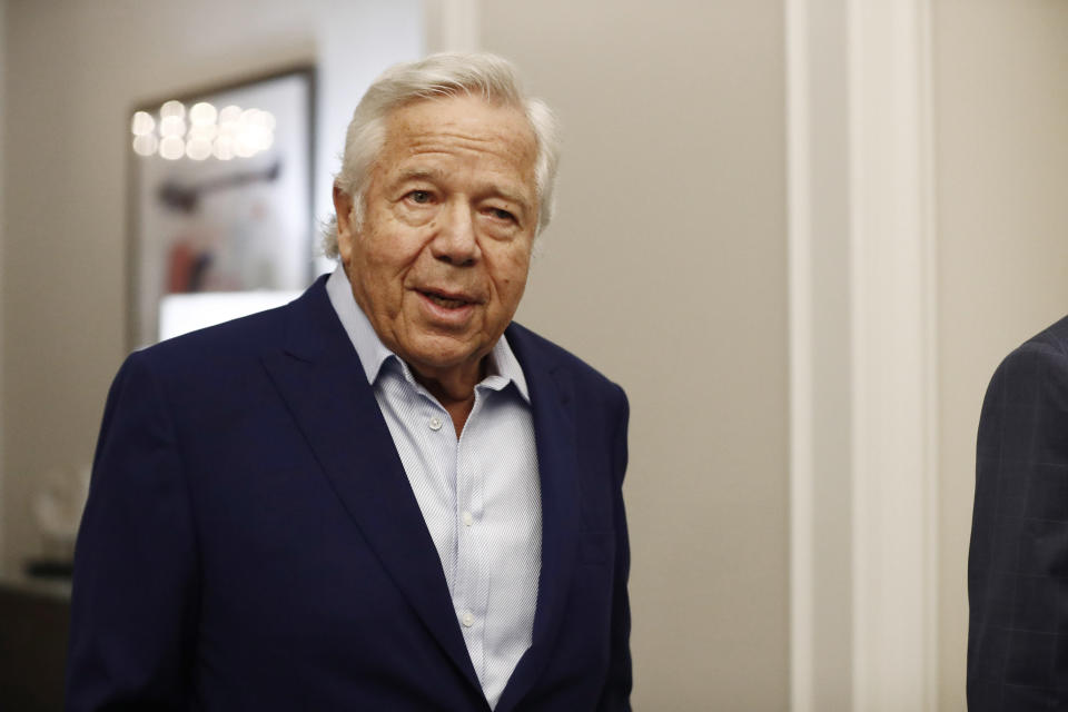 Robert Kraft arrives to the NFL owners meeting in May 2019.