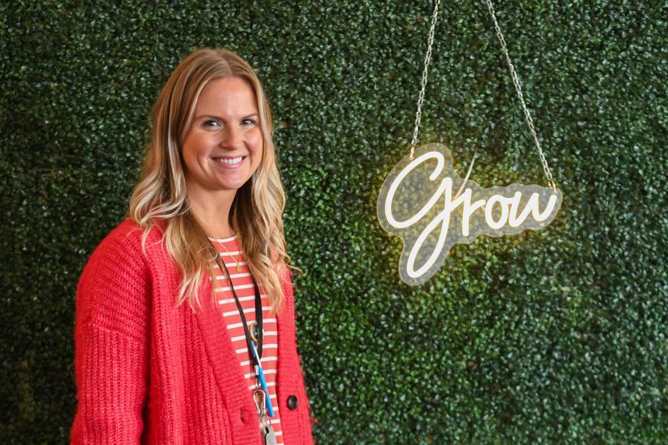 Washington High School teacher Alison Terhorst poses in her classroom on Wednesday, Oct. 4, 2023 at Washington High School in Sioux Falls, South Dakota. Terhorst is one of the many teachers in the Sioux Falls School District that is a part of the teacher pathway program.