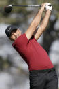 Jason Day of Australia hits from the fifth tee of the Torrey Pines South Course during the first round The Farmers Insurance golf tournament in San Diego, Thursday, Jan. 23, 2020. (AP Photo/Alex Gallardo)