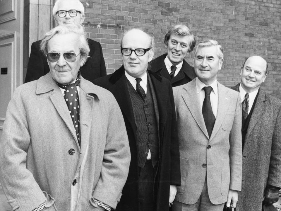 (L-R) John Le Mesurier, David Croft, Frank Williams, Jimmy Perry, Bill Pertwee and Evan Ross, pictured in 1980 at a memorial service for John Laurie (Getty)