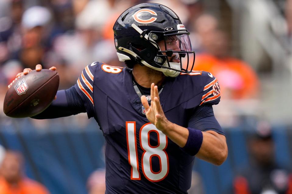 Chicago Bears quarterback Caleb Williams (18) throws a pass in the first quarter of the NFL Preseason Week 2 game between the Chicago Bears and the Cincinnati Bengals at Soldier Field in downtown Chicago on Saturday, Aug. 17, 2024. The Bears led 10-3 at halftime.