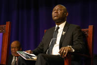 Attorney Benjamin L. Crump during funeral services for Daunte Wright at Shiloh Temple International Ministries in Minneapolis, Thursday, April 22, 2021. Wright, 20, was fatally shot by a Brooklyn Center, Minn., police officer during a traffic stop. (AP Photo/John Minchillo, Pool)