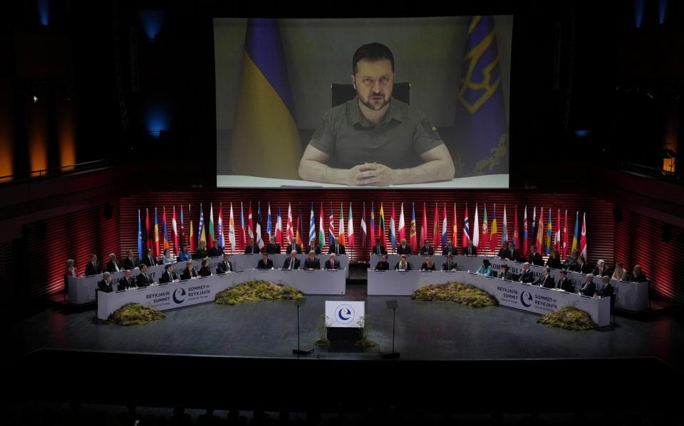 President Volodymyr Zelenskyy addresses, via video link, the opening ceremony of the Council of Europe summit in Reykjavik, Iceland - WPA Pool/Getty Images Europe