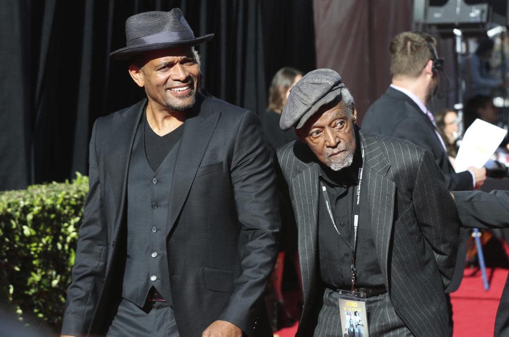 Mario Van Peebles, from left and Melvin Van Peebles arrive at the screening of “The Producers” at the 2018 TCM Classic Film Festival Opening Night at the TCL Chinese Theatre on Thursday, April 26, 2018, in Los Angeles. (Photo by Willy Sanjuan/Invision/AP, File)