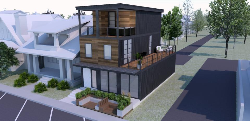 Rendering of a Fishers home being built with seven shipping containers.