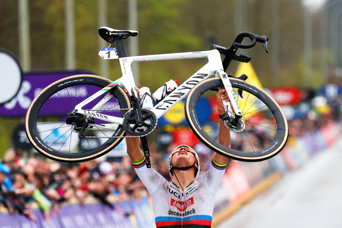 Mathieu van der Poel raises his bike in triumph at the finish of the Tour of Flanders (AP)