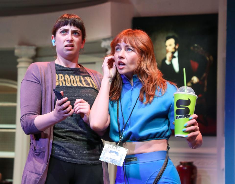Emily Nash, left, and Shannon Mary Dixon perform during a dress rehearsal of "Potus: Or Behind Every Great Dumbass Are Seven Women Trying To Keep Him Alive," at the Coachella Valley Repertory in Cathedral City, Calif., Feb. 23, 2024.