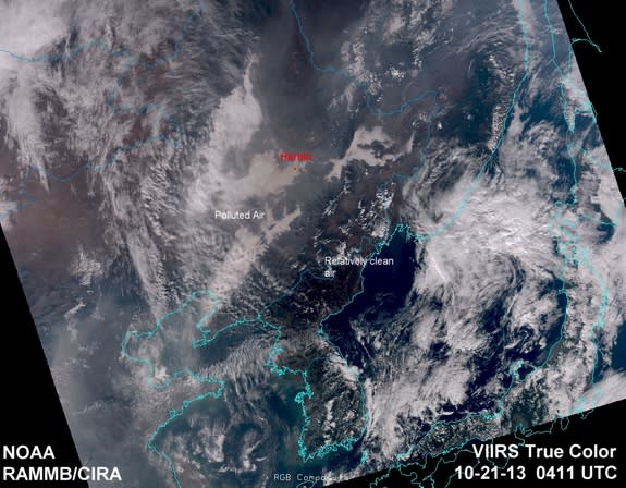 This image, captured by the Suomi NPP satellite, shows polluted air over northeastern China on Oct. 21, 2013.