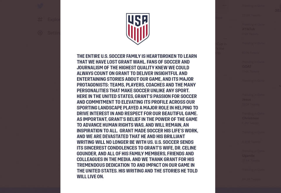 A screenshot taken from the Twitter account of US Soccer that shows their statement on the passing of journalist Grant Wahl. Wahl, one of the most well-known soccer writers in the United States, died early Saturday Dec. 10, 2022 while covering the World Cup match between Argentina and the Netherlands. (Photo via AP)