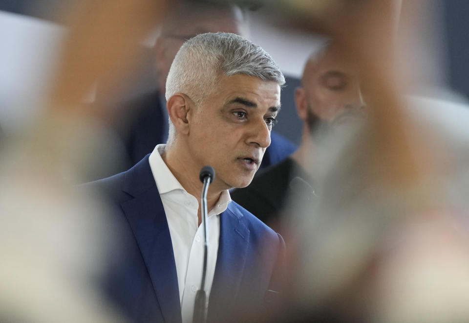 Sadiq Khan makes a speech after he is re-elected for a record third time as Mayor of London, following the counting of votes, at City Hall in London, Saturday, May 4, 2024. Khan, the Labour Party's Mayor of London, has romped to victory, securing a record third straight term at City Hall, on another hugely disappointing day for the U.K.'s governing Conservatives ahead of a looming general election. (AP Photo/Alastair Grant)