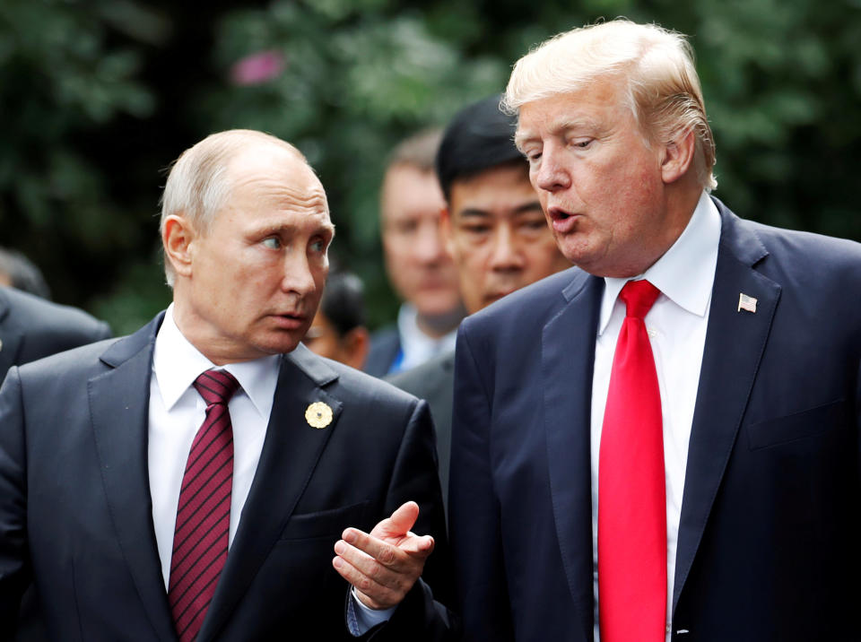 Vladimir Putin and President Trump talk during the APEC Summit in Danang, Vietnam, Nov. 11, 2017. (Jorge Silva/Reuters)