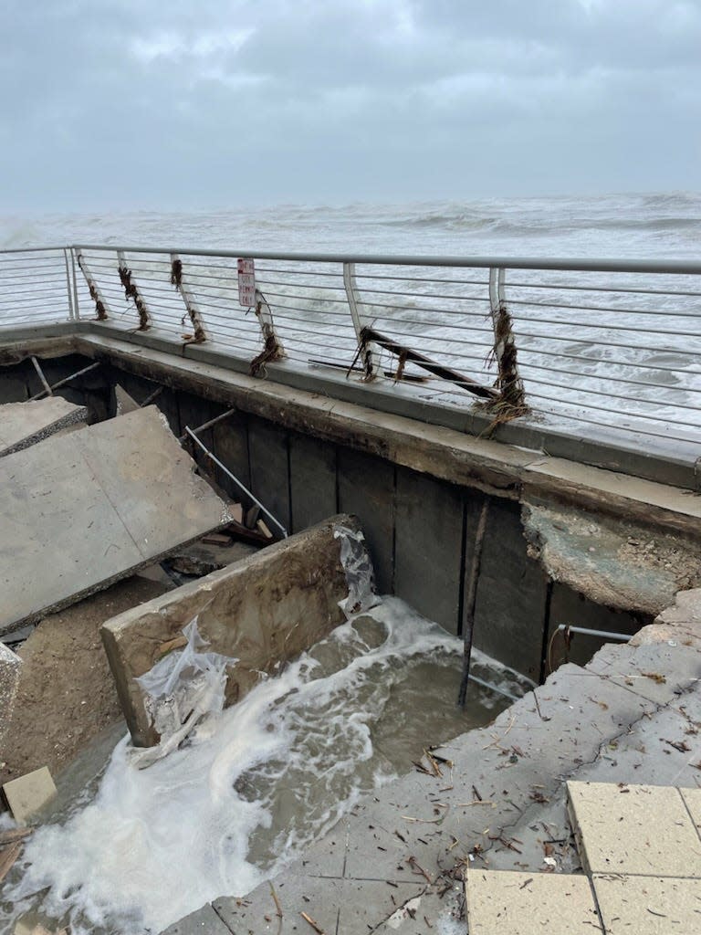 Waves break at the damaged Daytona Boardwalk north of Bandshell.