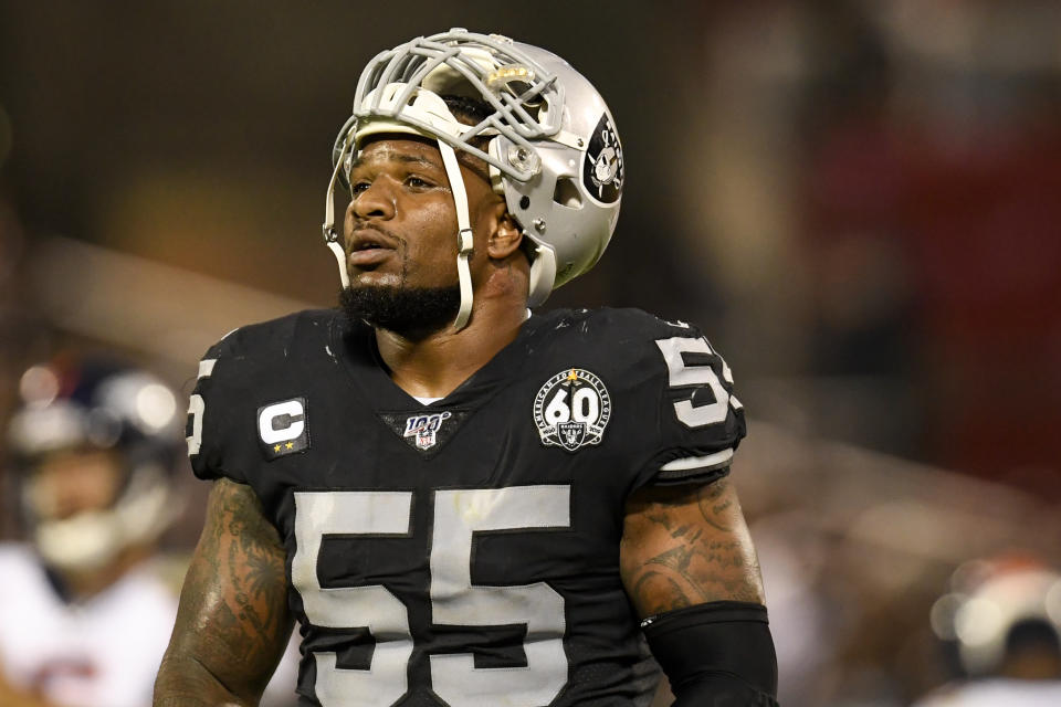 OAKLAND, CA - SEPTEMBER 9: Vontaze Burfict (55) of the Oakland Raiders rests during an injury timeout against the Denver Broncos the second half of the Raiders' 24-16 win on Monday, September 9, 2019. (The Denver Post)
