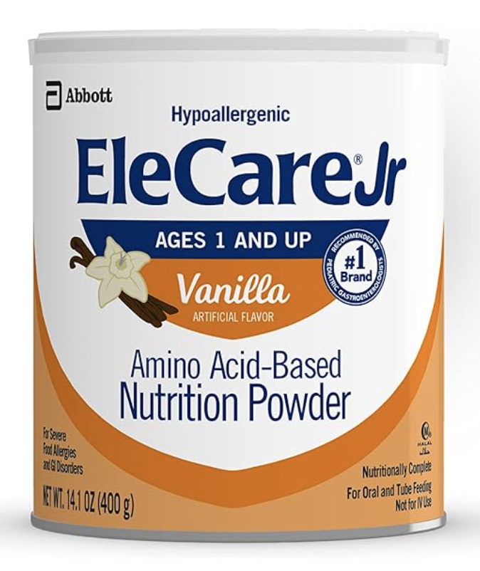 Container of EleCare Jr Vanilla flavored amino acid-based nutrition powder for ages 1 and up.