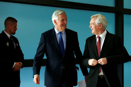 European Union's chief Brexit negotiator Michel Barnier and Britain's Secretary of State for Exiting the European Union David Davis arrive to brief the media, ahead of Brexit talks in Brussels, Belgium September 25, 2017. REUTERS/Francois Lenoir