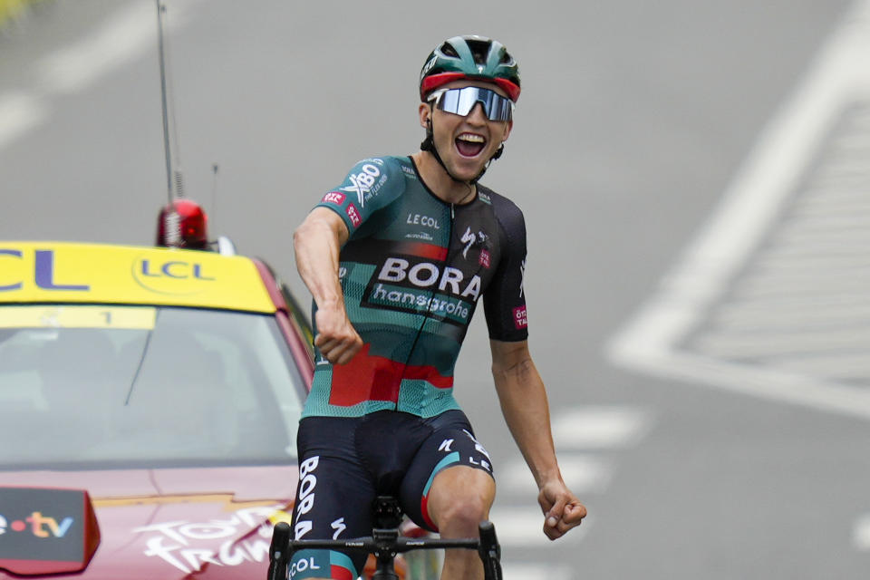 Jai Hindley tras ganar la quinta etapa del Tour de Francia, el miércoles 5 de julio de 2023, en Laruns. (AP Foto/Thibault Camus)