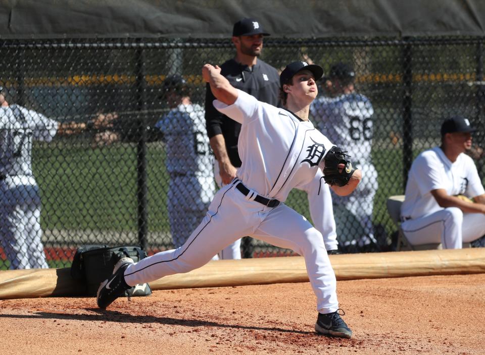 Detroit Tigers right handed pitching prospect Jackson Jobe throws during minor-league minicamp Sunday, Feb. 20, 2022, at TigerTown in Lakeland, Florida.