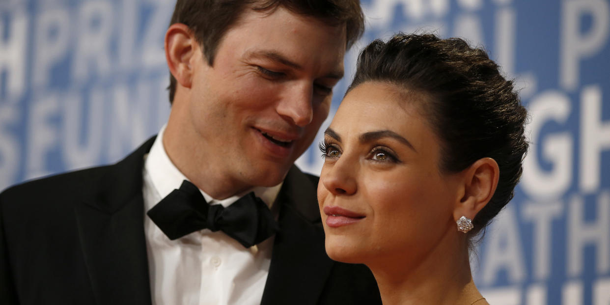 Actor Mila Kunis poses for a picture with her husband actress Ashton Kutcher on the red carpet for the 6th annual 2018 Breakthrough Prizes at Moffett Federal Airfield, Hangar One in Mountain View, Calif., on Sunday, Dec. 3, 2017. (Nhat V. Meyer/Bay Area N (Nhat V. Meyer / MediaNews Group via Getty Images)