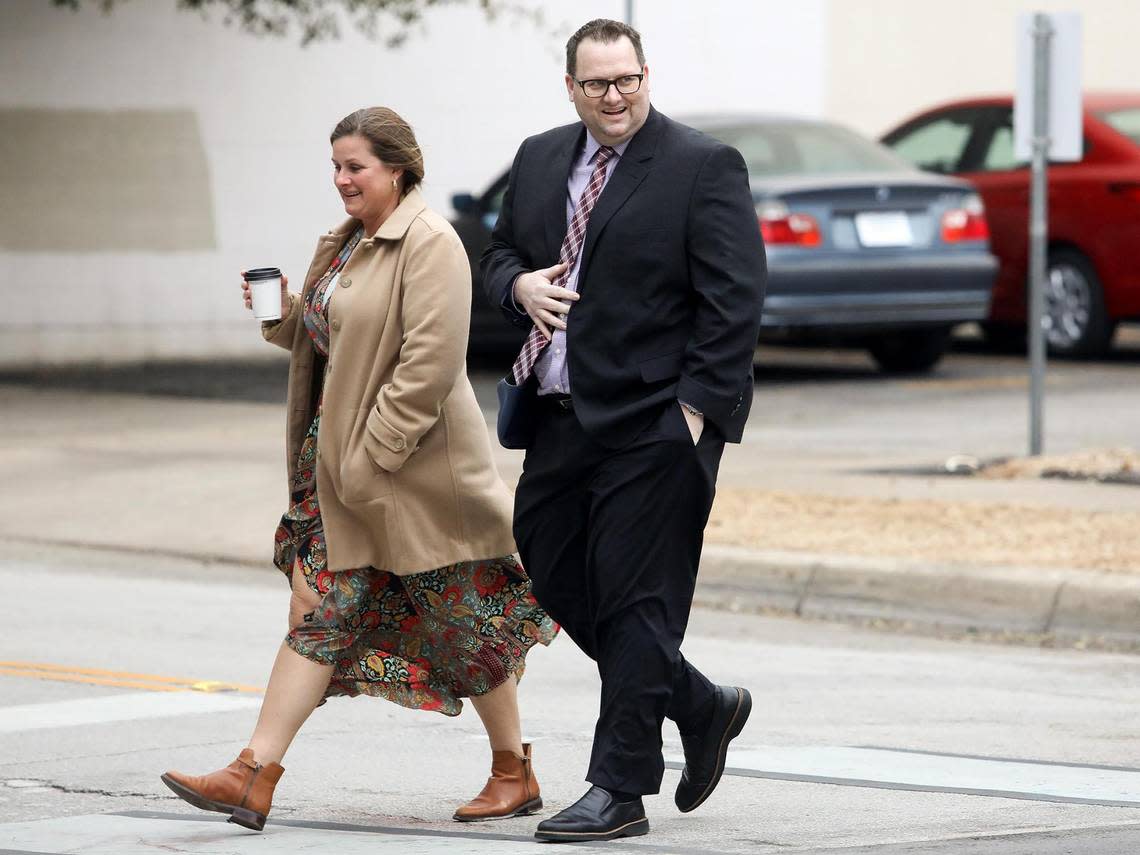 Eric Kay, the former Angels employee accused of providing pitcher Tyler Skaggs with the drugs that led to his death, walks to the federal courthouse in Fort Worth with family on Feb. 17, 2022.