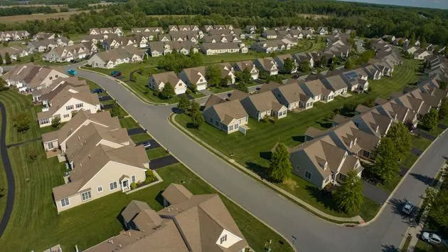 Modern row houses in suburbs of Delaware seen from elevated view. 