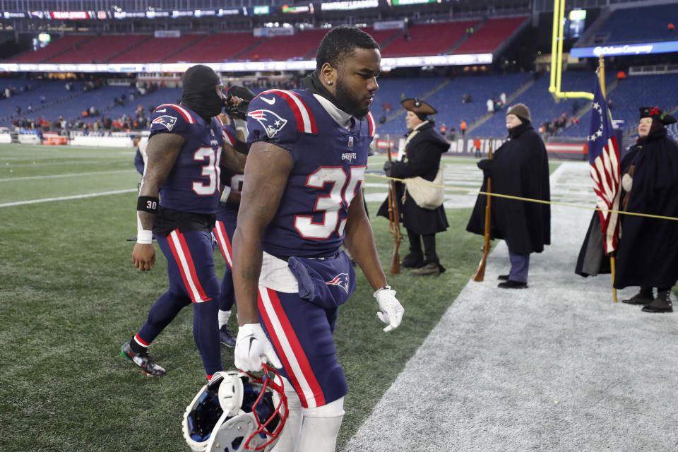 New England Patriots running back Pierre Strong Jr. (35) steps off the field following an NFL football game against the Cincinnati Bengals, Saturday, Dec. 24, 2022, in Foxborough, Mass. (AP Photo/Michael Dwyer)