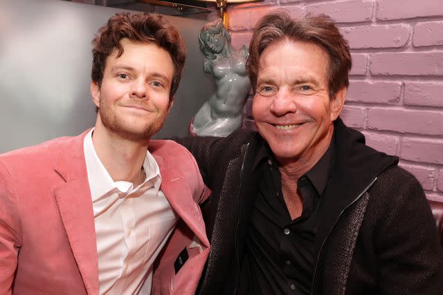 <p>Eric Charbonneau/Getty</p> Jack Quaid attends a Golden Globes after-party with dad Dennis Quaid in January