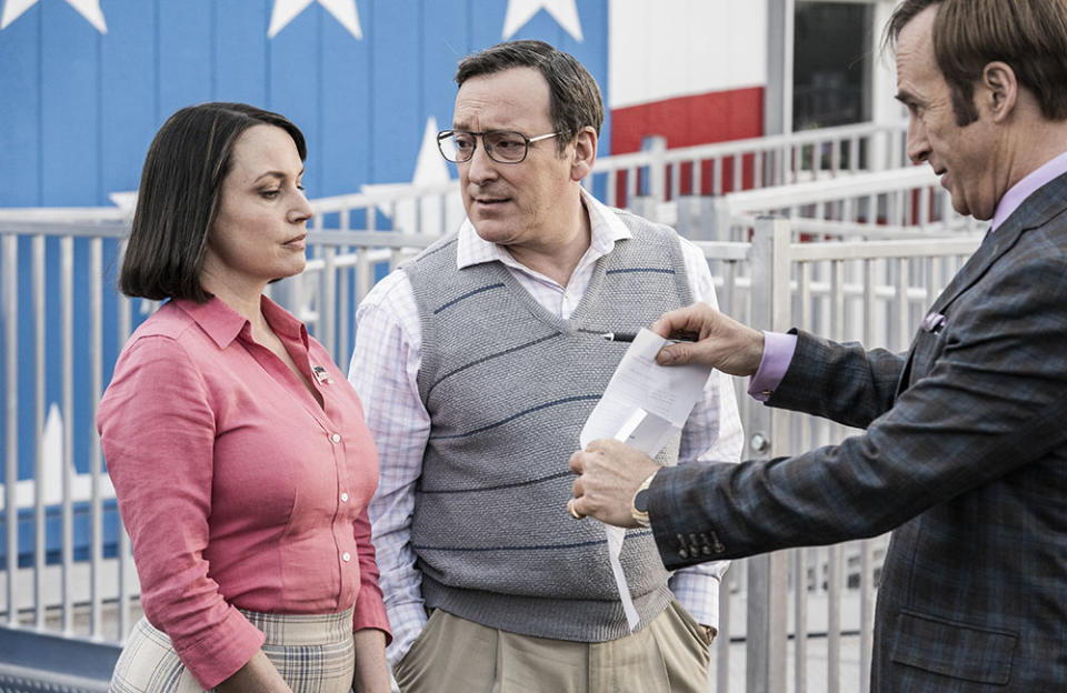 Bob Odenkirk as Saul Goodman (right), Julie Ann Emery as Betsy Kettleman and Jeremy Shamos as Craig Kettleman in ‘Better Call Saul’ episode “Carrot and Stick.” - Credit: Courtesy of Greg Lewis/AMC/Sony Pictures Television